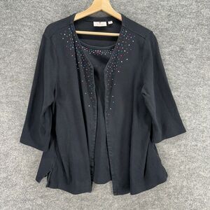 Quacker Factory Top Women 1X Plus Black Rhinestone 3/4 Sleeve Cotton Casual